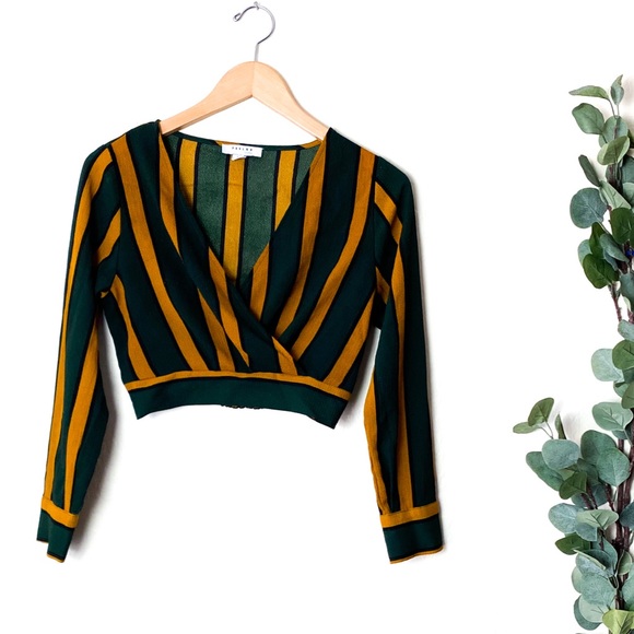 FAVLUX Tops - Favlux Crop M Gold Green Cuff Sleeve Deep V Stripe